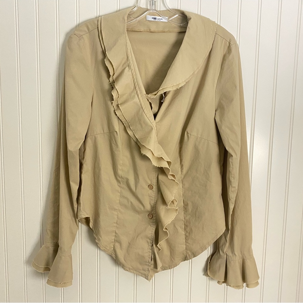 Blugaya vintage cotton shirt in khaki color with ruffle trim and ruffle sleeves